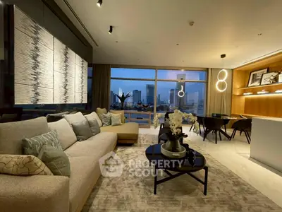 Luxurious modern living room with city view, elegant decor, and ambient lighting.