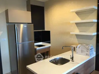 Modern kitchen with sleek appliances and open shelving