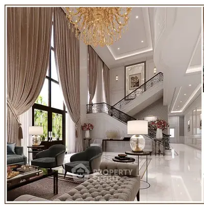 Luxurious grand living room with high ceilings and elegant chandelier