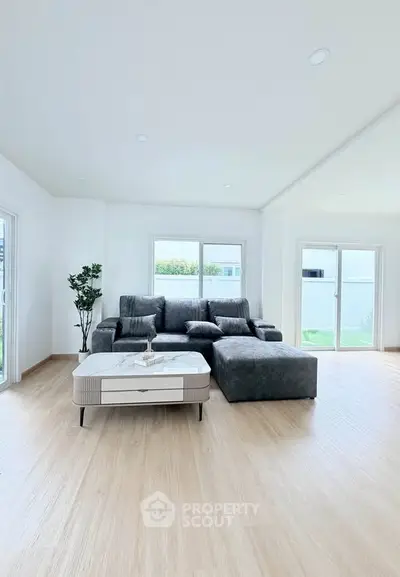 Spacious modern living room with large gray sectional sofa and natural light