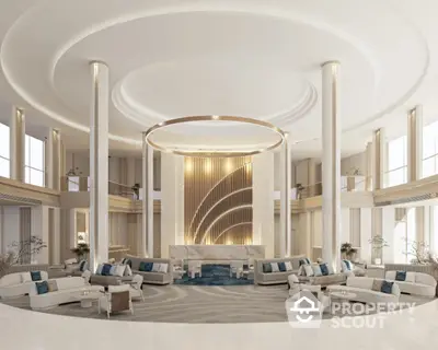 Luxurious grand lobby with elegant circular seating, towering columns, and a stunning central light feature creating an opulent welcome area.