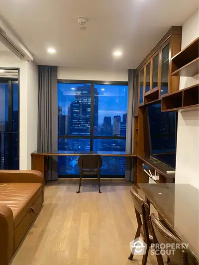 Luxurious study room with stunning city view and elegant wooden furniture