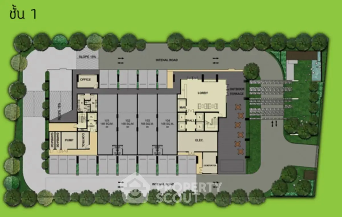Ground floor schematic plan with lobby, office, and parking layout in a modern building.