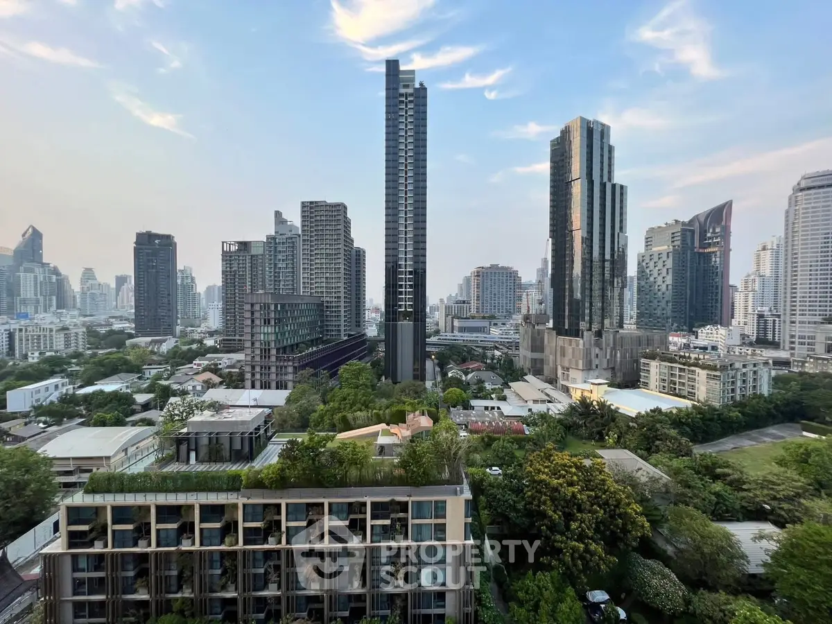 Stunning cityscape view with modern high-rise buildings and lush greenery in urban setting.