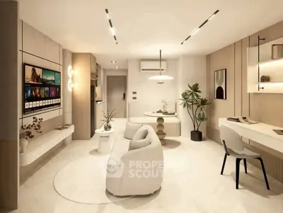 Modern living room with stylish decor, cozy seating, and ambient lighting in a contemporary apartment.