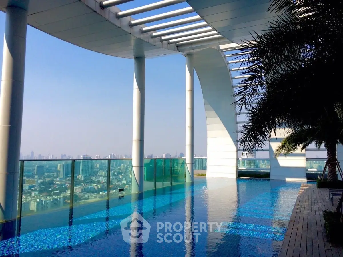 Luxurious rooftop pool with stunning city skyline views and modern architectural design.