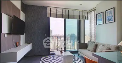 Modern living room with stunning city view and stylish decor