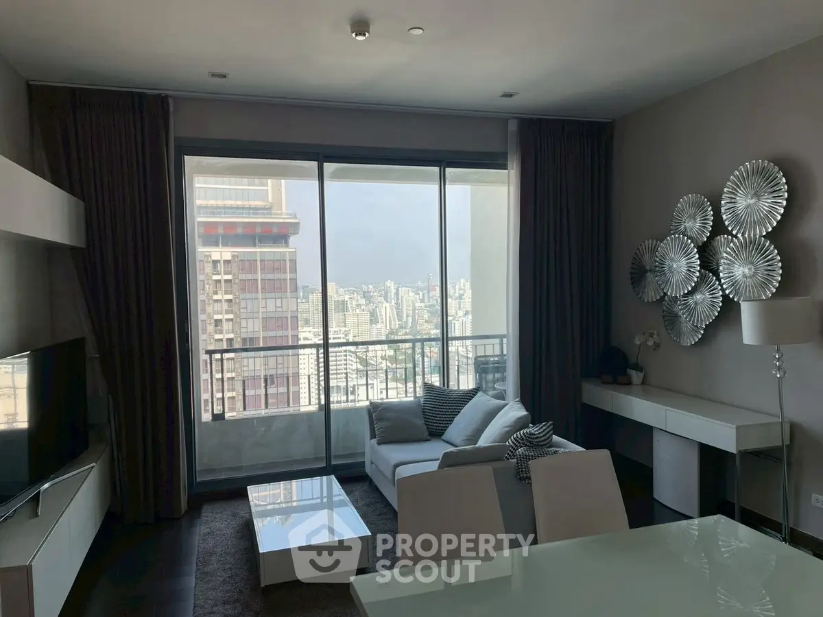 Modern living room with stunning city view and stylish decor