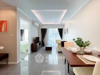 Modern living room with elegant dining area and large windows in a stylish apartment.
