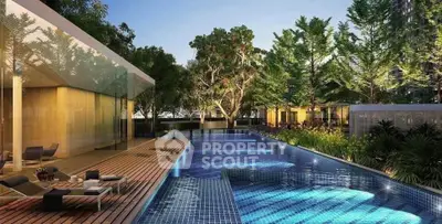 Luxurious outdoor pool area with modern design and lush greenery.