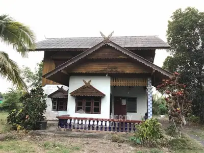 Charming traditional wooden house with lush garden and unique architectural details.