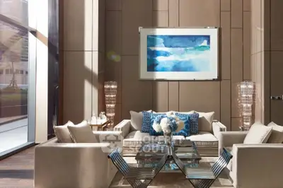 Luxurious living room with high ceilings, elegant decor, and modern furniture in a sophisticated apartment.