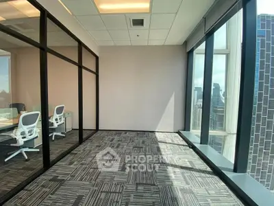 Modern office space with floor-to-ceiling windows and city view