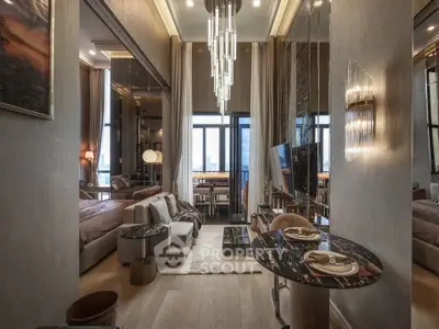 Luxurious modern living room with elegant decor and stunning city view