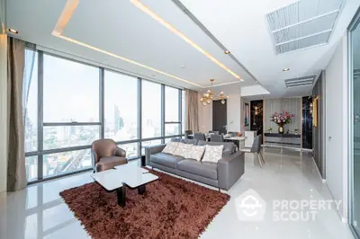 Luxurious high-rise apartment living room with floor-to-ceiling windows offering a panoramic city view, modern furniture, and elegant interior design.