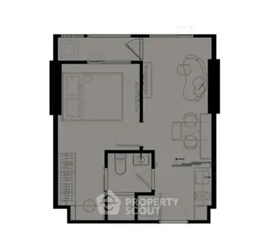Modern apartment floor plan with bedroom, living area, kitchen, and bathroom layout.