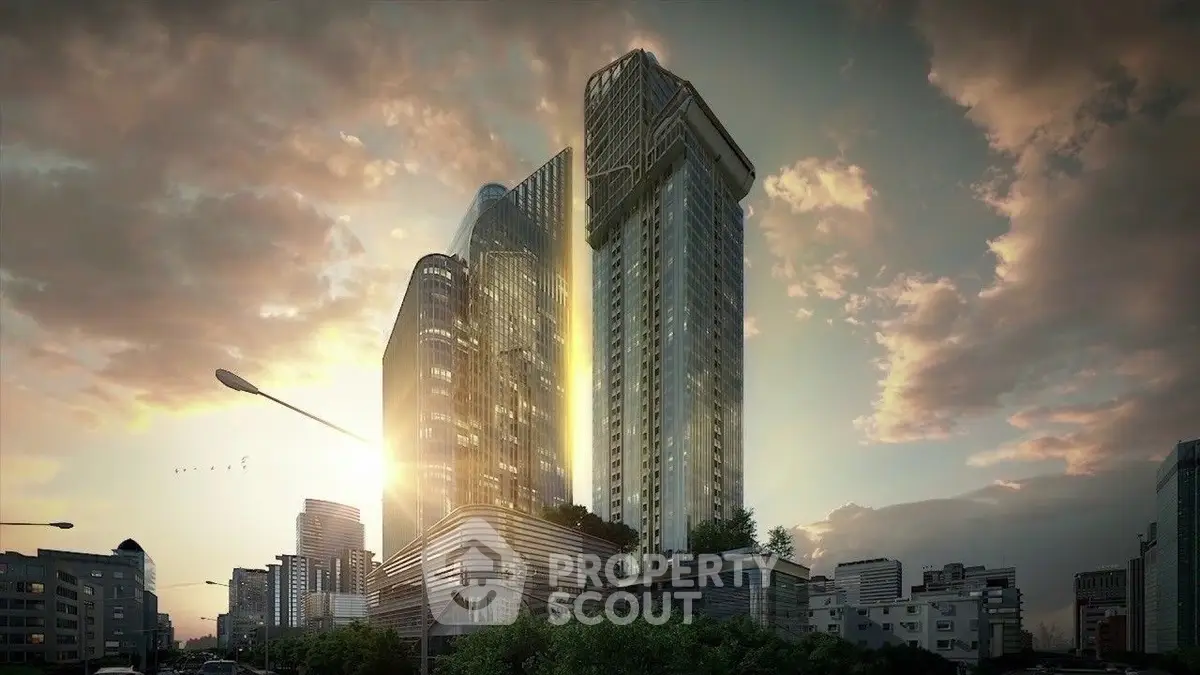 Stunning modern skyscraper with unique architecture and sunset backdrop in urban setting.