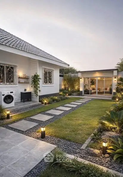 Charming garden view with modern exterior and stylish pathway lighting.