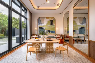 Luxurious modern living room with large windows and stylish decor