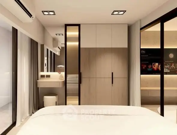Modern bedroom with sleek design, large windows, and stylish furniture in a contemporary apartment.