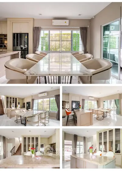 Luxurious modern kitchen with open layout and elegant dining area, featuring large windows and stylish furniture.