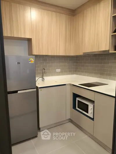 Modern compact kitchen with sleek appliances and stylish cabinetry