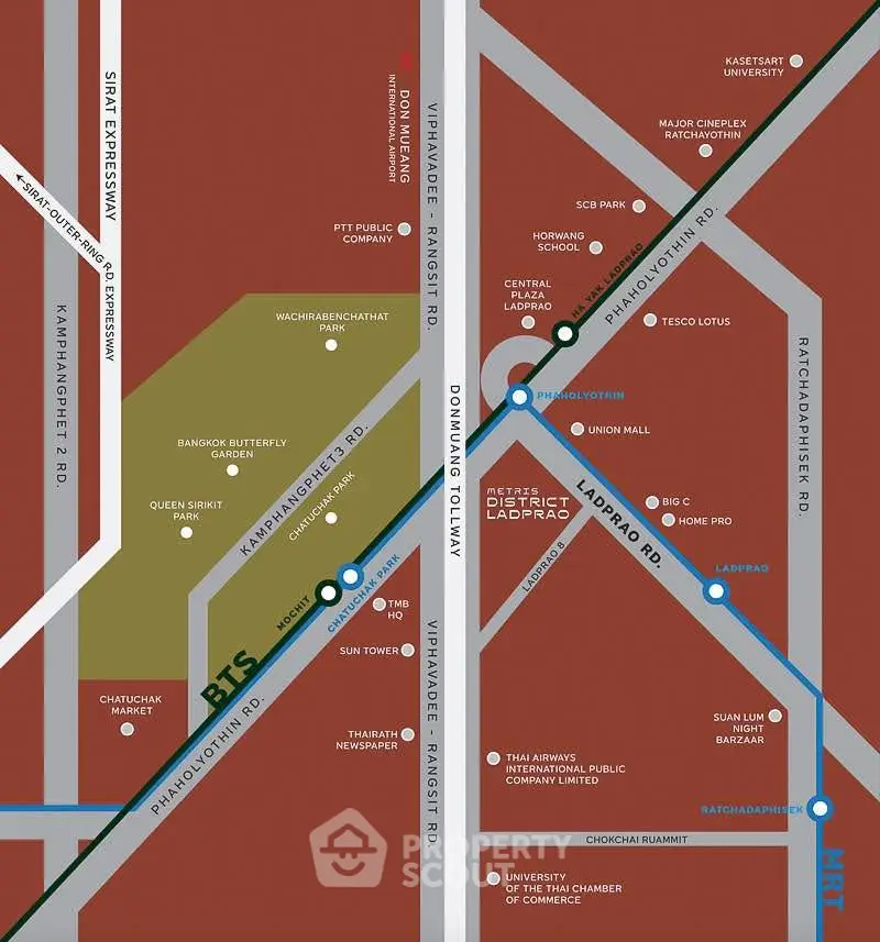 Map highlighting key locations near BTS and MRT stations in Bangkok.