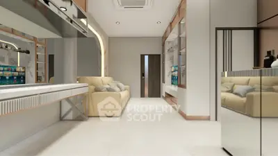 Modern living room with sleek design and neutral tones, featuring a comfortable sofa and stylish decor.