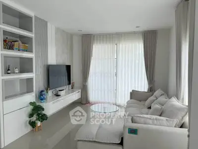 Modern living room with sleek design, large windows, and comfortable seating in a bright, airy space.