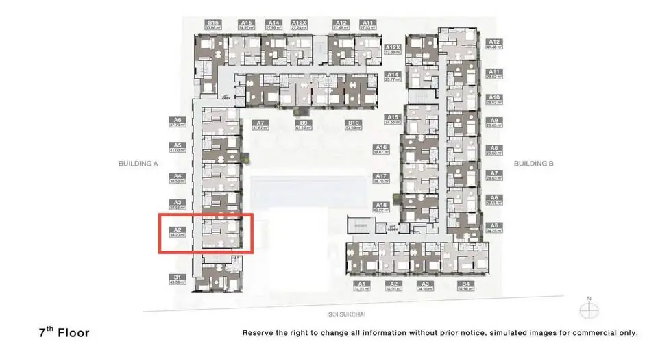 Detailed floor plan of 7th floor in a modern apartment complex