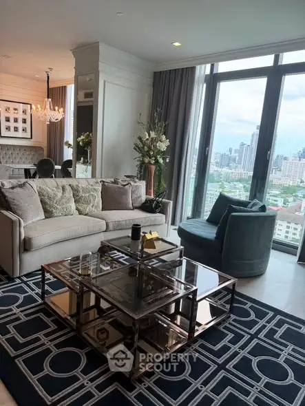 Luxurious living room with stunning city view, elegant decor, and modern furniture in high-rise apartment.