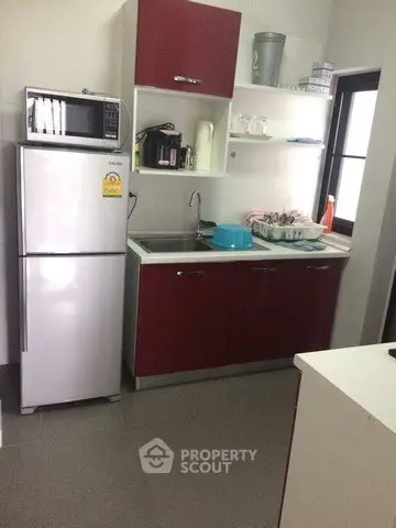 Compact kitchen with red cabinets and modern appliances in cozy apartment.