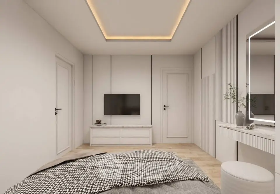 Modern bedroom with sleek design and ambient lighting