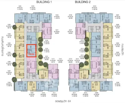 Detailed floor plan of two buildings with unit layouts and highlighted section.