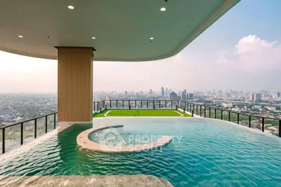 Luxurious rooftop pool with stunning city skyline view