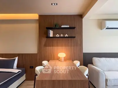 Modern living room with stylish wooden decor and cozy lighting