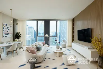 Luxurious modern living room with city view, elegant decor, and spacious layout.