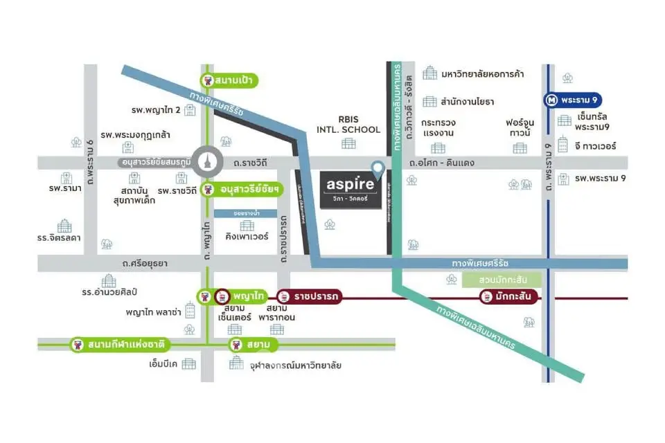 Map showing Aspire condo location near major roads and landmarks.