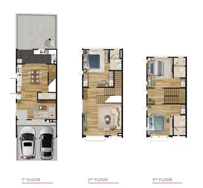 Modern three-story floor plan with spacious layout and stylish design.