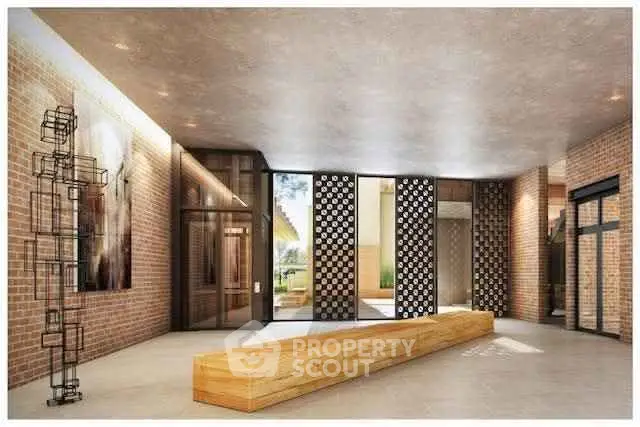 Modern building entrance with stylish decor and natural lighting