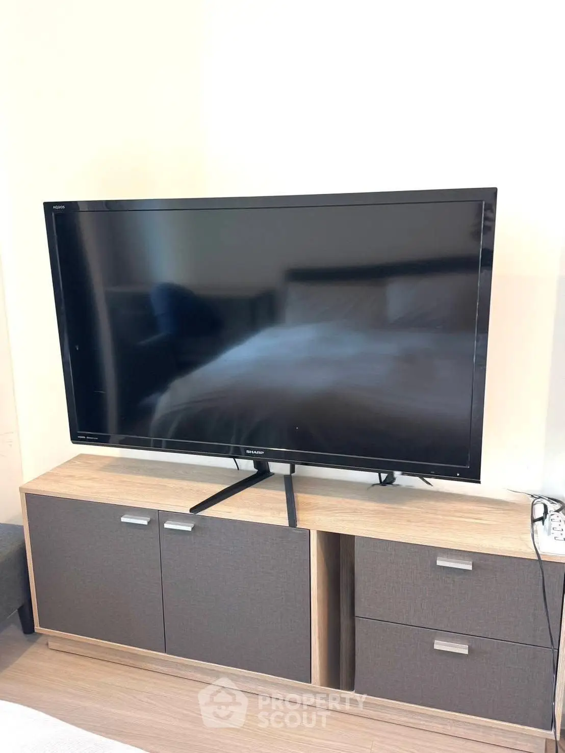 Modern living room with sleek TV on stylish cabinet