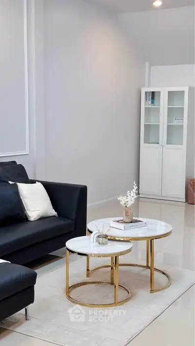 Elegant living room with modern black sofa and chic marble coffee tables.
