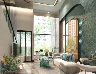Luxurious modern living room with high ceilings and large windows offering a stunning city view.