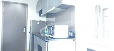 Modern compact kitchen with sleek cabinetry and appliances