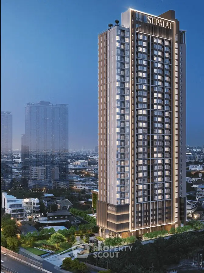 Stunning high-rise building with illuminated facade in urban skyline at dusk.
