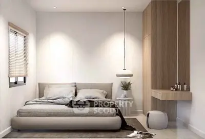 Modern minimalist bedroom with stylish decor and cozy ambiance
