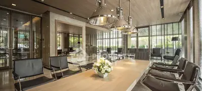 Luxurious modern meeting room with elegant decor and large windows