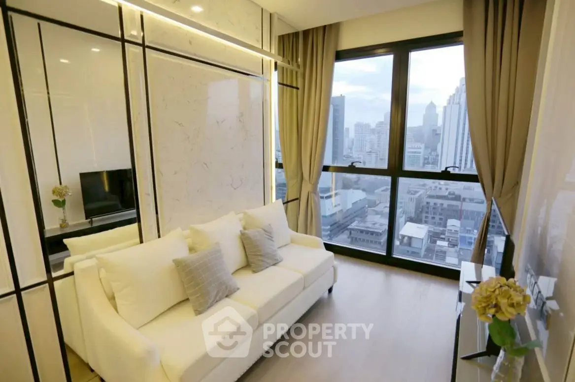 Luxurious living room with stunning city view and elegant decor