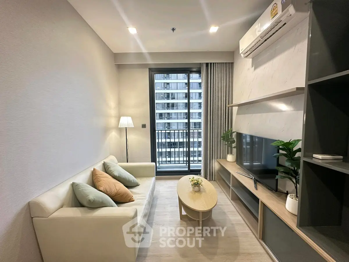 Modern living room with balcony view in a stylish apartment