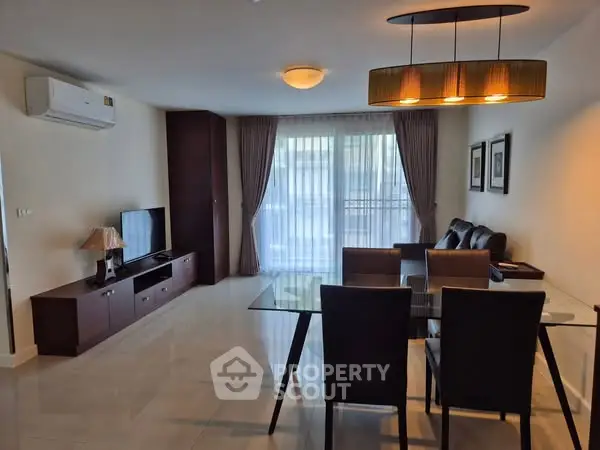 Spacious modern living room with dining area and stylish furniture